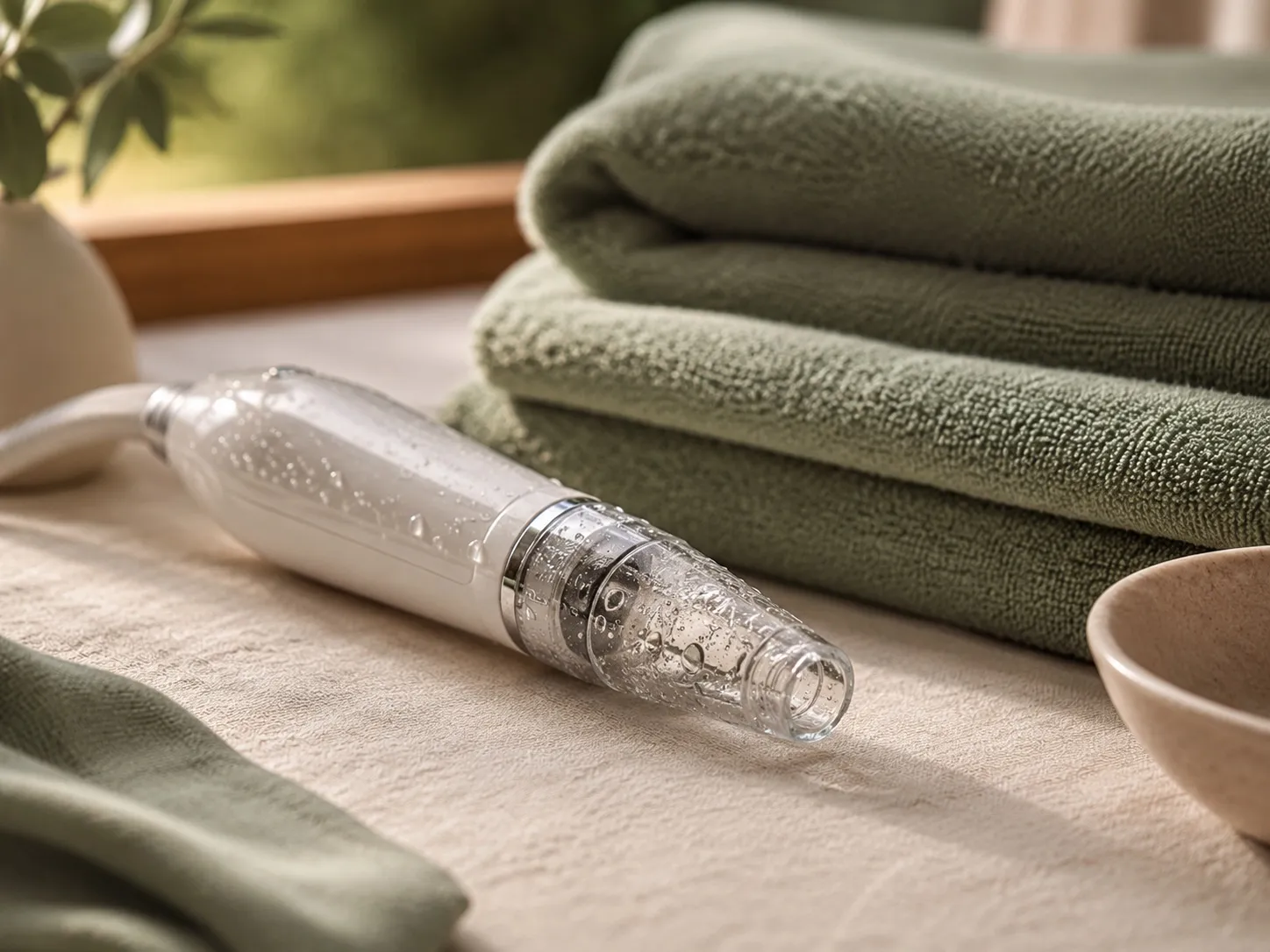 A hydrodermabrasion handpiece with water droplets beside folded sage towels at Uneka Facials in Lodi