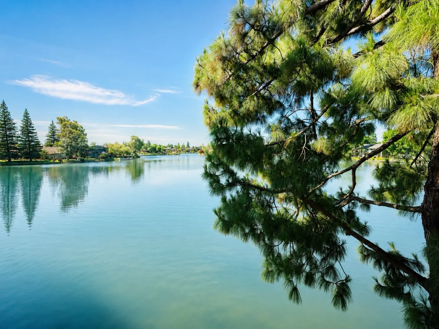 Mallard Lake in Lodi under a bright summer sky, near Uneka Facials in Lakeshore Village