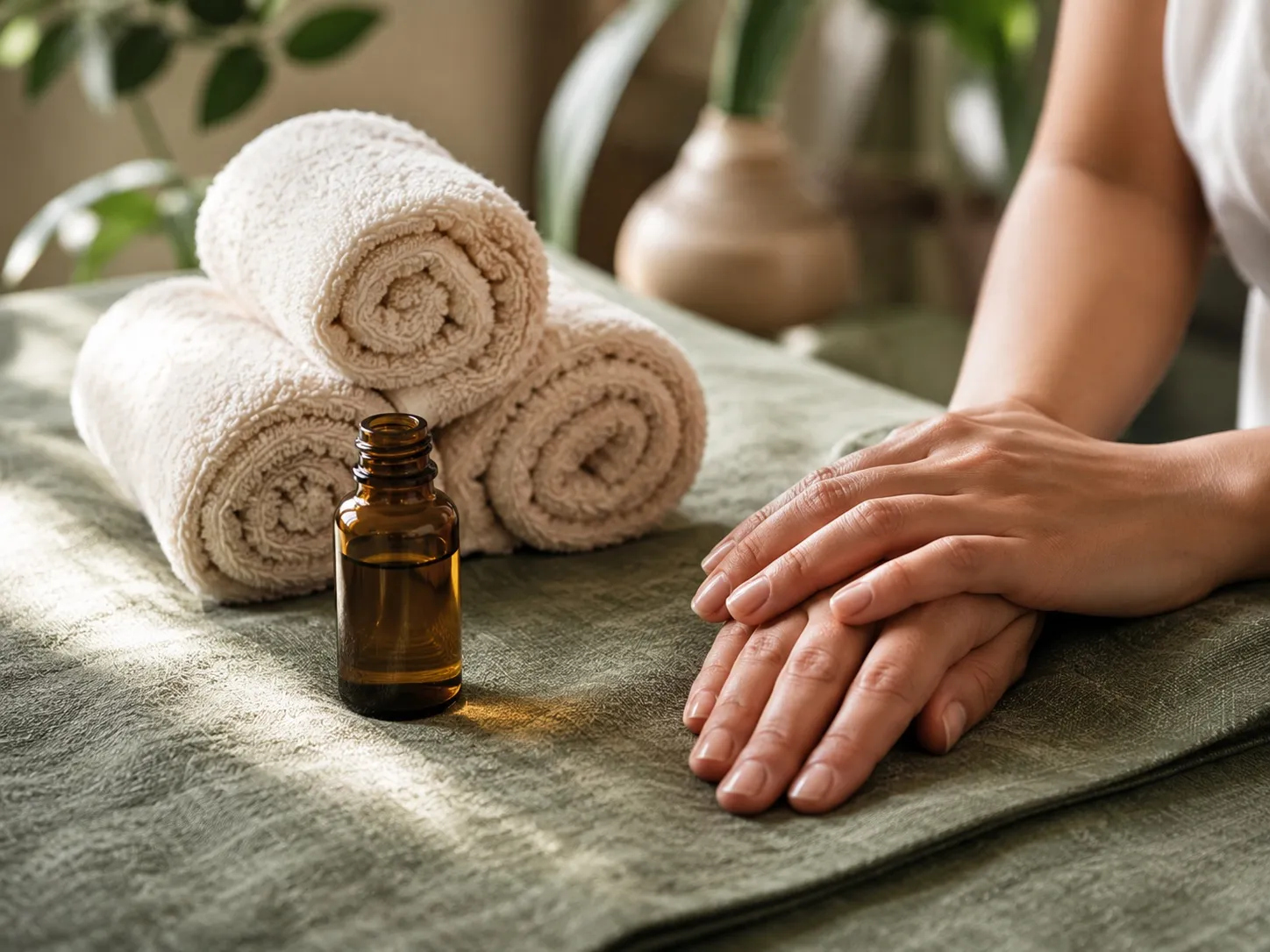 Warm rolled towels, massage oil, and resting hands at Uneka Facials in Lodi